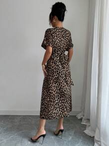 Elenzga Women's Round Neck Raglan Sleeve Waist Tie Cinched Waist Elegant Design Back To School Teacher's Day Thanksgiving Outfit Halloween Street Style Maxi Leopard Print Dress - Khaki - View 2