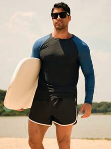 Manfinity Swimmode Men's Casual Outdoor Beach Round Neck Long Sleeve Rash Guard - Multicolor - View 3