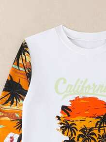 Conjunto de traje de baño de manga larga con estampado de palmeras lindo para niños, ideal para vacaciones en la playa en verano - Amarillo - Ver 3