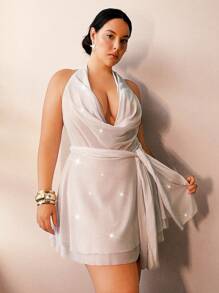 Swim Chiccia Plus Size Draped Neck Open Back Loose Beach Coverup For Summer Beach Vacation - White - View 6