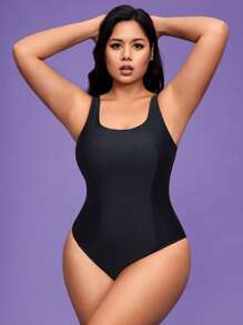 SHEIN Swim Curve 1pc Plus Size Shaping Swimsuit With Drawstring For Summer Beach Vacation - Black - View 6