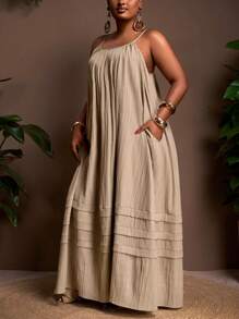 Veslaya Vestido holgado de color albaricoque con tirantes sin mangas, con bolsillos, dobladillo con volantes en capas, tela con textura tejida, vestido de talla grande - F, nueva colección Primavera/Verano 2025