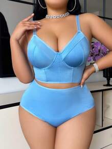 SHEIN Plus Size Simple Solid Color Camisole Bra And High Waisted Panty 2 Pieces Lingerie Set Curve Lingerie Set Lingerie 2 Piece Set