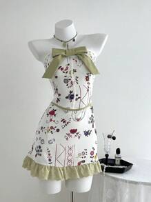 SHEIN Unity Women's Colorblock Bow Lace Panel Casual Dress, Suitable For Birthday, Vacation - White - View 3