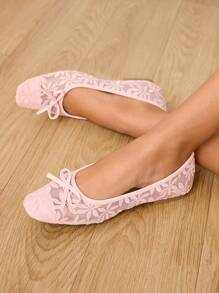 CUCCOO HITCHD Women Shoes Summer New Arrival Bow & Floral Embroidery Lace Square Toe Flats, Elegant Romantic Comfortable Blush Pink Mesh Flats, Suitable For Dress, Wedding, Party, Date, Fashion