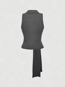SHEIN MOD 1pc Women's Grey Single-Breasted Turndown Collar Front Tie Elegant Vest