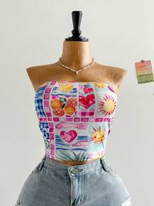 Soleia Plus Size Sun & Heart Print Summer Vacation Tube Top