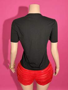 Slaydiva 2025新款春夏休闲街头圆领短袖印花图案宽松女T恤+纹理面料迷你短裤，复活节，音乐节，日常出游，派对，休闲街头 - 彩色 - 查看 2