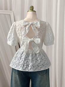 SHEIN Clasi 大码优雅蝴蝶结短袖衬衫 - 白色 - 查看 3