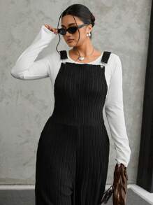 SHEIN EZwear 大码灰色弹力羊毛罗纹针织背带裤，秋冬款 - 黑色 - 查看 5