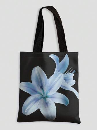 Kawaii Bolso de tote reversible de gran tamaño con estampado floral azul, versátil para el trabajo y las vacaciones