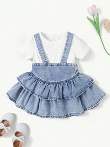 Denimly Baby GirlCasual Daily Urban Street Style Cute Pleated Suspender Skirt, Denim Baby Outfit, Baby Girl Ruffle Denim Dress. - Medium Wash - View 3