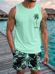 Manfinity RSRT 男士海滩度假椰子树印花背心和短裤套装