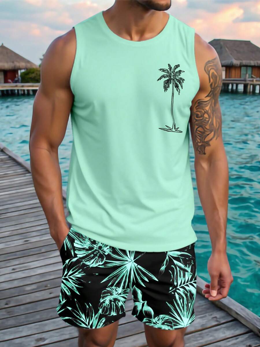 Manfinity RSRT 男士海滩度假椰子树印花背心和短裤套装