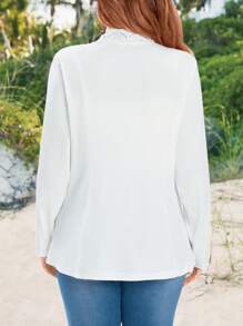 EMERY ROSE Plus Size Stand Collar Knit Striped Color Block Water Soluble Lace Insert Double Pocket Front Zip Women Jacket, Suitable For Early Autumn White Lace Jacket Fall Women Clothes Winter Clothes For Women Winter Jacket - White - View 4