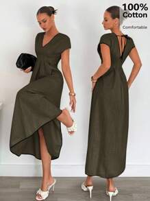 Siren Gaze Đầm dài vải lanh màu bó eo thoải mái bằng cotton cho nữ, mùa hè - xanh quân đội - Xem 6