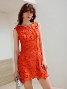 MOTF PREMIUM GUIPURE LACE SLEEVELESS SHORT DRESS - Red - View 5