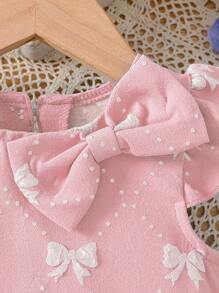 SHEIN 女婴纹理蝴蝶结前片甜美梦幻蓝色连衣裙 - 淺粉色 - 查看 4