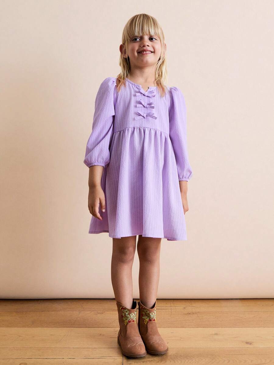 SHEIN Kleine Mädchen Lässig Süße Schleifendetail 3/4 Ärmel Kleider - Violett - Übersicht 1
