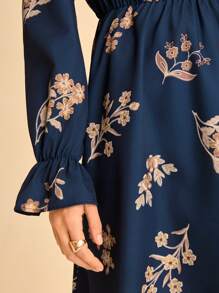 CAJUNI Damen Boho Urlaubs Tropical Floral Muster Kleid mit hohem Kragen, Langarm, Taillenzug und A-Linie, dunkelgrün