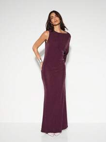 KIZN Asymmetric One Sleeve Sparkle Maxi Dress Holiday Party Evening Gown Wedding Guest Floor Length Glitter Formal Dress Backless - Burgundy - View 1