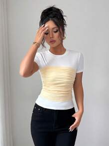 Elenzga Pleated Patchwork Short Sleeve Round Neck Casual Home & Outdoor Elegant Women T-Shirt - White - View 5