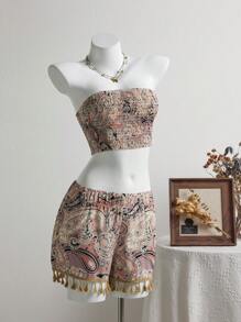 SHEIN Unity 2pcs/Set Women Bandeau Top And Tassel Hem Shorts Set - Khaki - View 7