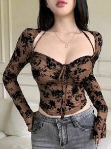 DAZY 女士春夏荷叶边抽绳系带吊带背心度假修身植绒全图案碎花短款上衣 T 恤网眼长袖，秋季女装 - 棕色 - 查看 2