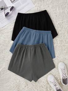 SHEIN 3件套女士纯色抽绳腰休闲短裤女短套装短裤休闲套装2件套短裤女士短裤舒适曲线短套装 - 彩色 - 查看 2