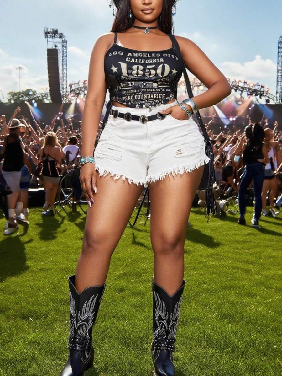 Slaydiva 2025 New Spring/Summer Plus Size Women Streetwear/Party/Music Festival/Retro Western Vacation/Road Trip/Casual Holiday Fitted Black Graphic Letter Cut-Out Tie-Up Asymmetric Hem Cropped Tank Top