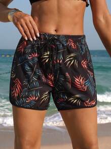 SHEIN Swim SPRTY Women's Summer Vacation Beach Leaf Print Drawstring Waist Boardshorts - Multicolor - View 1