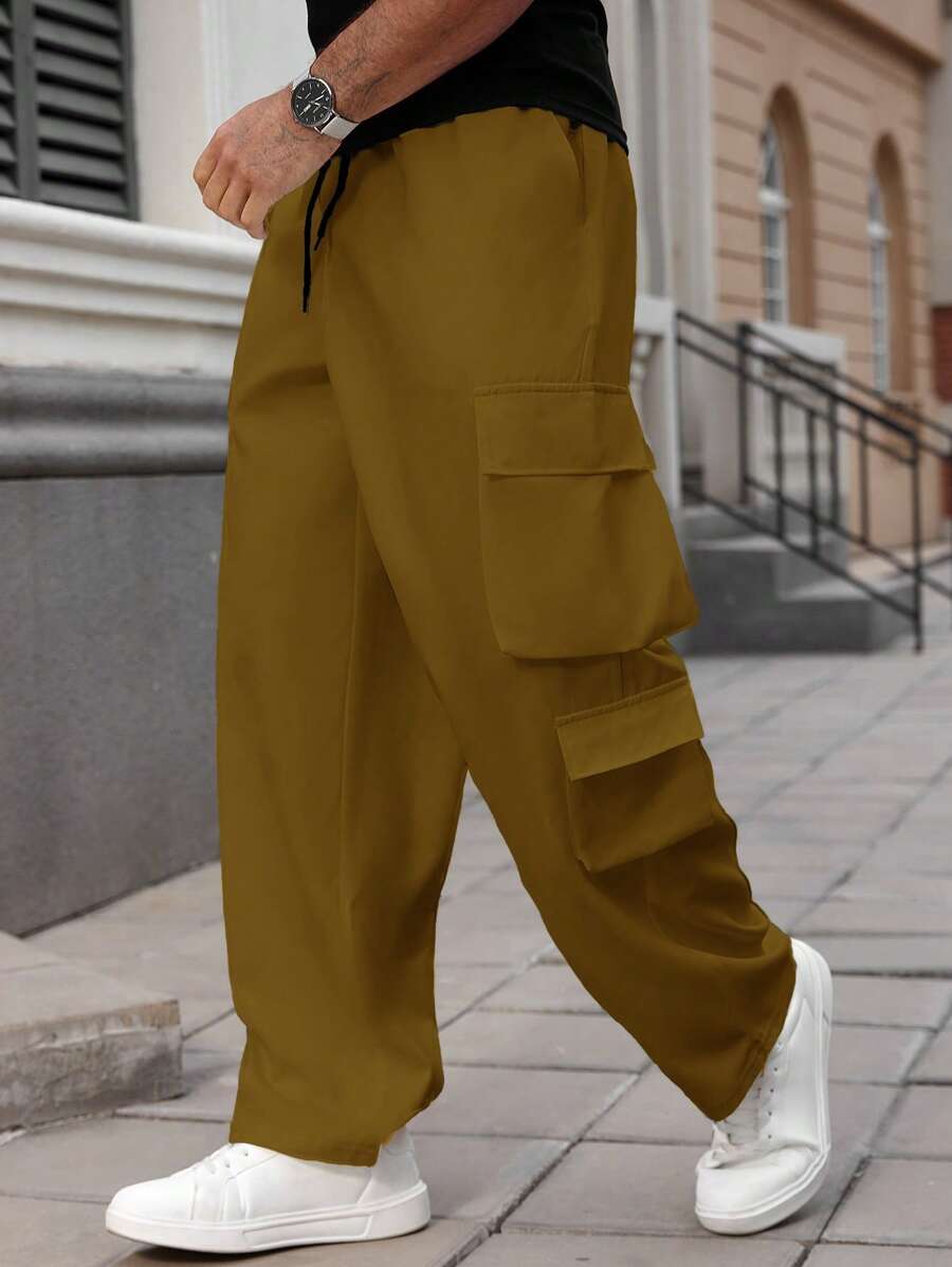 Manfinity Homme Plus Size Men's Drawstring Waist Cargo Pockets Loose Casual Pants - Brown - View 1