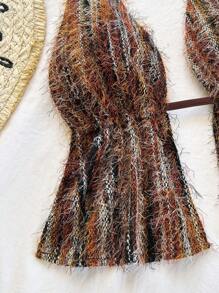 Soleia Women's Vacation Style Allover Print Backless Halter Top And Frayed Hem Skirt 2-Piece Set Brown Two Piece Set Women Fuzzy Two Piece Set Boho Two Piece Set  Fall Women Clothes Fall Outfits  Winter Clothes Back To School  Christmas Clothes Date Night Outfits Women   Punk Off The Shoulder Sweate,Sexy Top - Coffee Brown - View 3