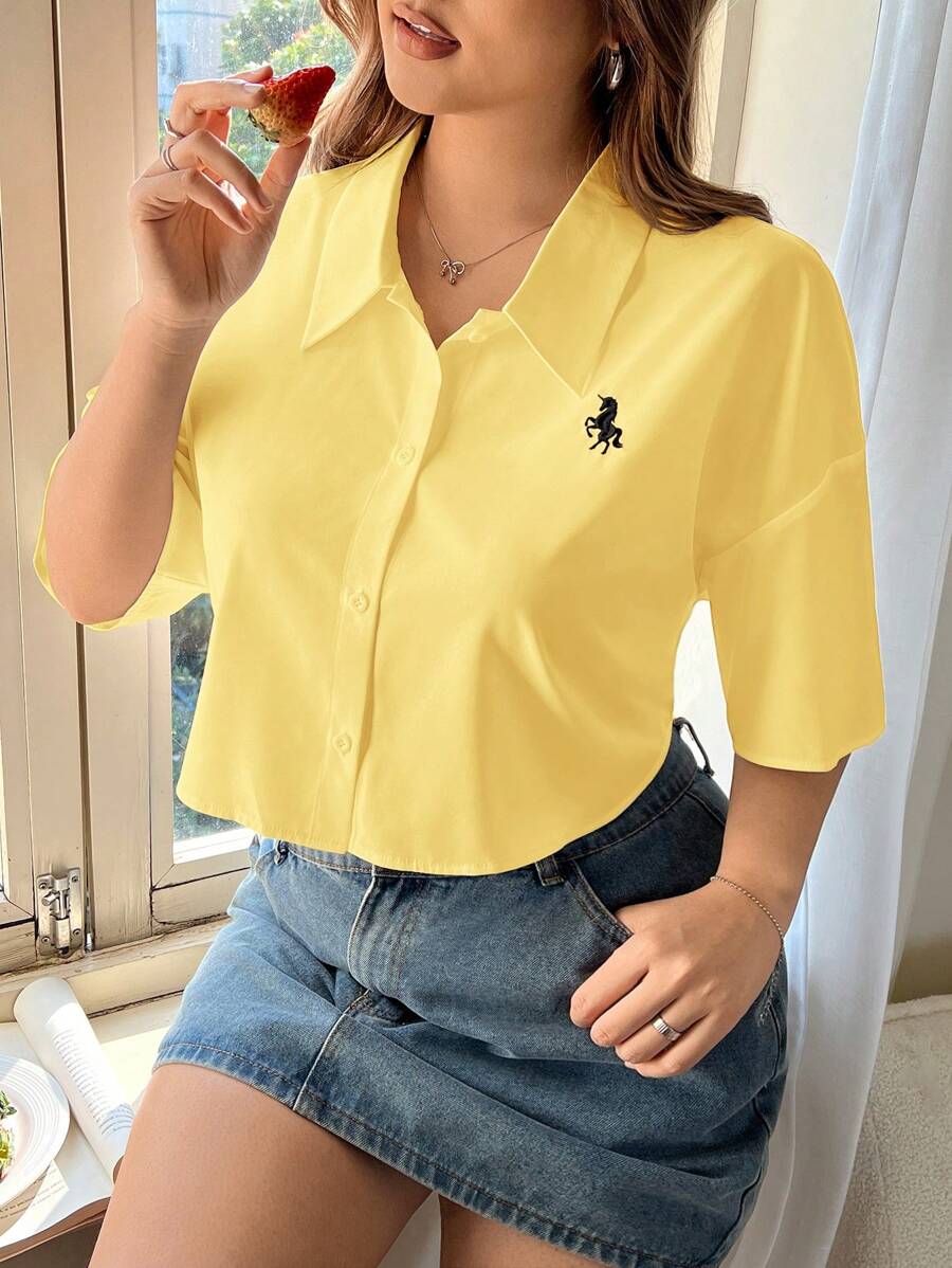SHEIN EZwear 夏季大码黄色短袖休闲衬衫 - 黃色 - 查看 1