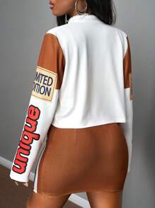 Slaydiva 3pcs/Set Motorcycle Style Print Jacket, Cami Top And Mini Skirt Outfit, Autumn/Winter,With Letter Graphic Print - Multicolor - View 2