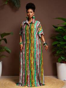 Veslaya Đầm maxi dáng rộng kẻ sọc nhiều màu sắc, cỡ lớn, thích hợp mặc hàng ngày và đi nghỉ mát vào mùa xuân/hè. - Nhiều màu - Xem 8