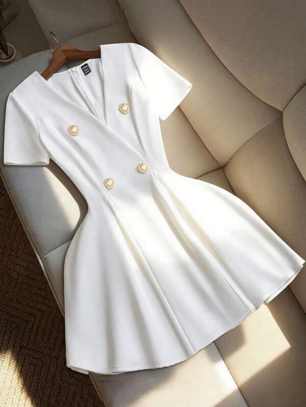 Franclia Women's Elegant White Cross-Wrap Double-Breasted Short Sleeve Cinched Waist Mini Dress, Summer