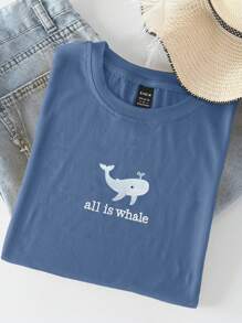 INAWLY maglietta con scollo a equipaggio ricamata con balena e slogan