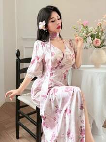 Modelyn Romantic Lace Sleeve Waist-Cinched Dress For Women - Pink - View 6