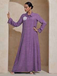 Graceveil Relaxed-Fit Long Sleeve Dress With Collar Applique And Turn-Up Cuffs, Elegant & Casual