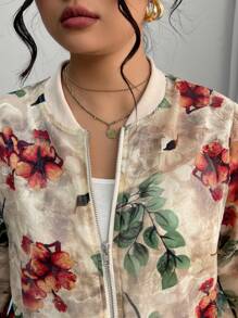 Elenzga Women's Plus Size Apricot Floral Bomber Jacket, Featuring A Casual Baseball Collar, Zipper Closure, And Long Sleeves In A Lightweight Woven Fabric, Perfect Short Outerwear. Fall Winter Cloth For Women Autumn - Apricot - View 8