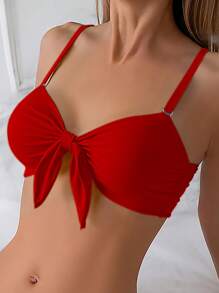 SHEIN Swim Bộ bikini thắt nút màu trơn gợi cảm màu đỏ dành cho nữ khi đi nghỉ dưỡng trên bãi biển - Đỏ - Xem 6