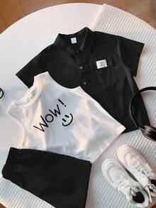 SHEIN Little Byeori 3 件套年轻男童韩版宽松字母印花 Polo 领开衫、T 恤和针织印花背心，适合春夏季日常、运动、郊游、学校、派对、节日、拍照 - 黑色 - 查看 6