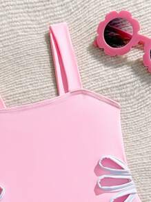 SHEIN Elladie kids Young Girl Floral Hollow Out One-Piece Swimsuit Summer Holiday - Baby Pink - View 5