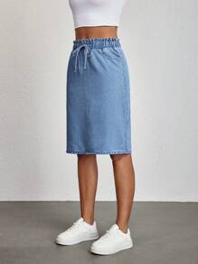 SHEIN Tall 女式简约休闲纯色抽绳口袋牛仔迷你裙