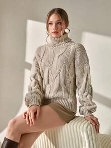 CLARA VERO Women Solid Color Cable Knit Pattern Turtleneck Drop Shoulder Chunky Pullover Turtleneck Sweater Women Cable Knit Sweater Knitted Jumper Winter Sweaters For Women Womens Knitwear Turtle Neck Women Knitted Jumper For Women Womens Winter Sweaters Chunky Knit Sweater,Jumpers,Women's Jumpers
