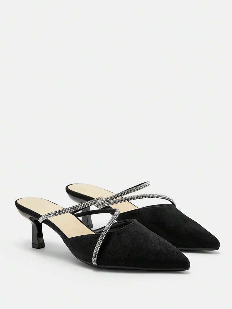 CUCCOO CURVES Plus Size Wide Fit Pointed Toe Black Rhinestone Decor Stiletto High Heel Mule Sandals, Elegant All-Season