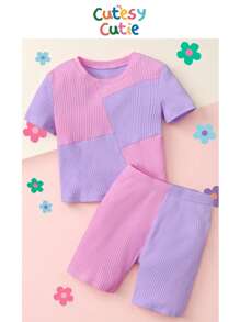 SHEIN Young Girl Two Tone Rib Knit Tee & Shorts Colorblock Young Girls Setskids Two Pieces Set - Multicolor - View 1