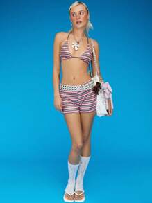 COUREZ Gestreifter Triangel-Bikini-Oberteil mit Boxer-Slip Bikinihose / Sommer Outfit für Frauen Urlaubs Bademode Y2K Vintage - Verschiedenfarbig - Übersicht 5