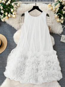 Celure Plus Size Women Elegant Flowy Loose Casual Round Neck Sleeveless Mesh Ruffle Dress, Spring Dress, Beach Outfit For Women - Beige - View 1
